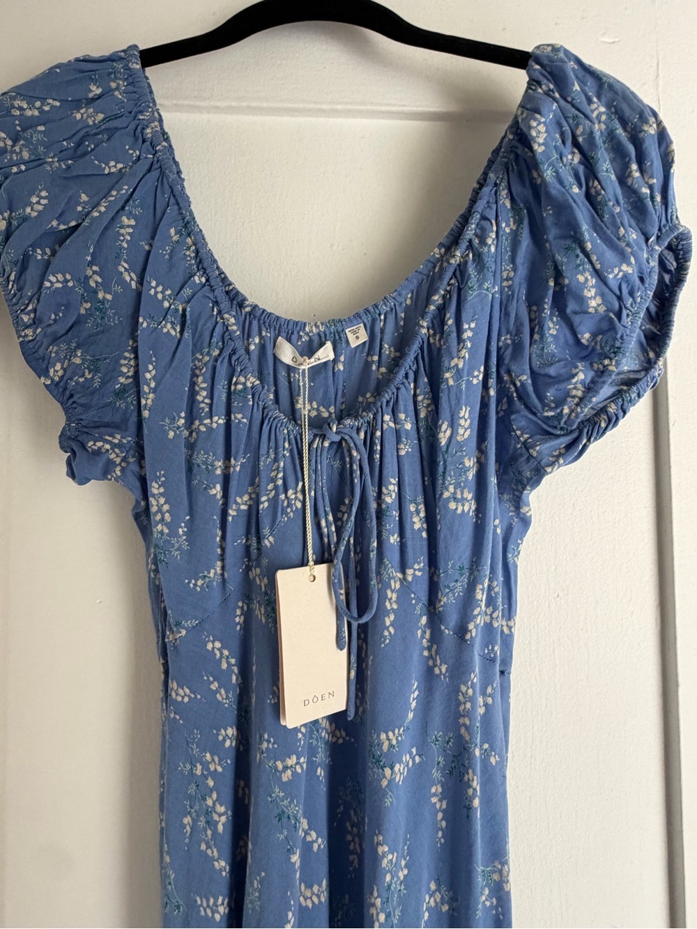 Doen Dusty Blue Floral Puff-Sleeve Midi Dress NWT